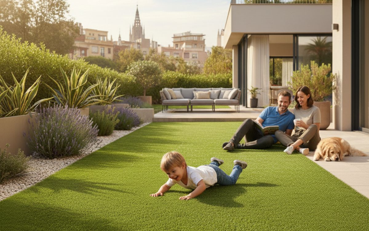 familia en terraza con césped artificial