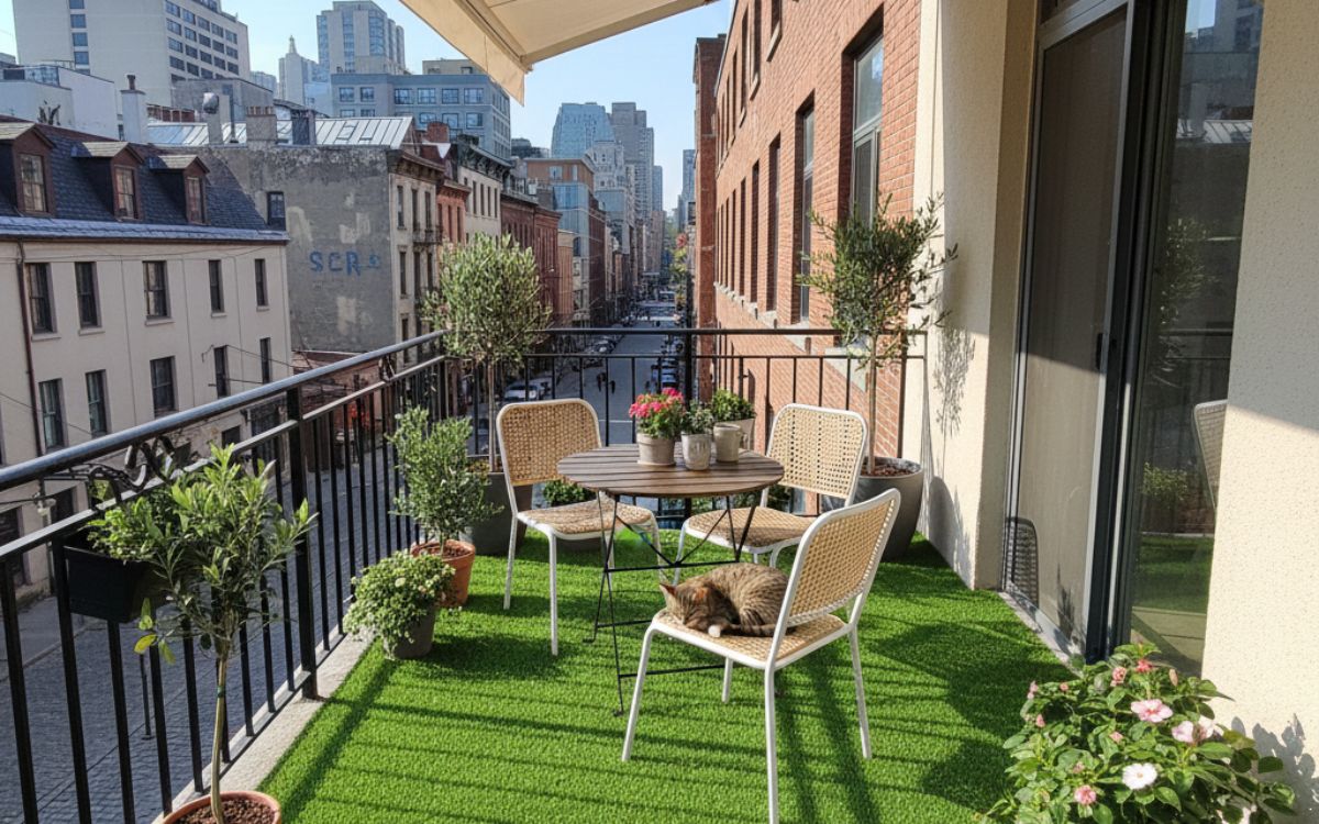 balcón con césped artificial