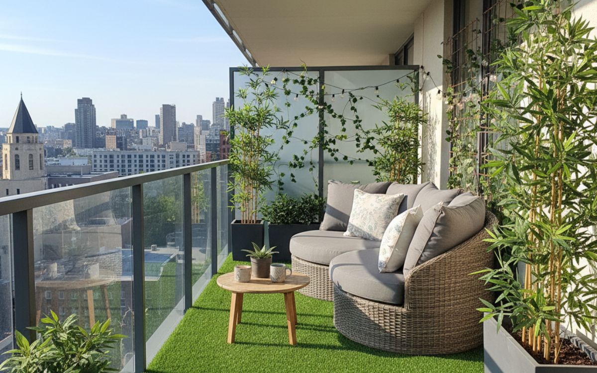 balcón con césped artificial